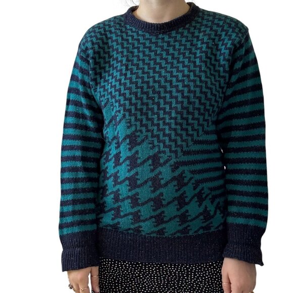 Vintage Gianfranco Ruffuni Blue Donegal Fleck Geometric Ski Wool Sweater Sz M - Picture 1 of 7
